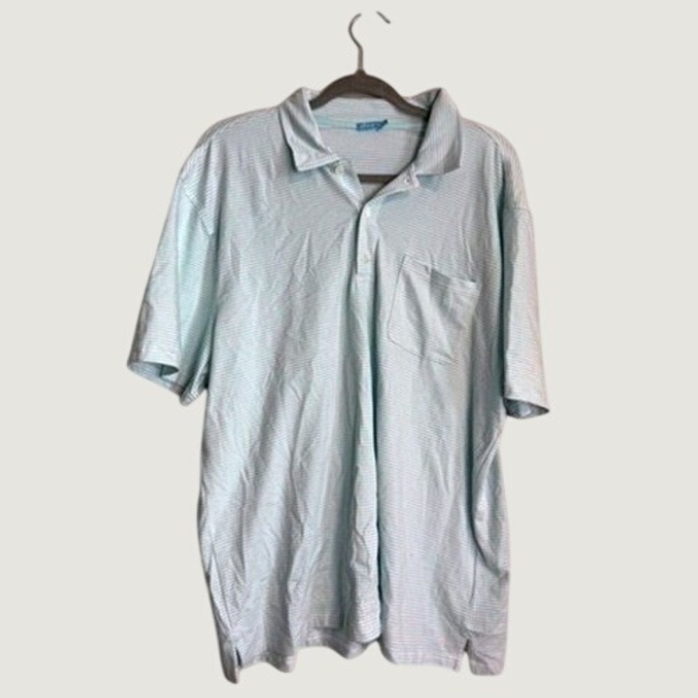 J. McLaughlin Mens XL Polo Shirt Light Blue White Striped Short Sleeve Pocket